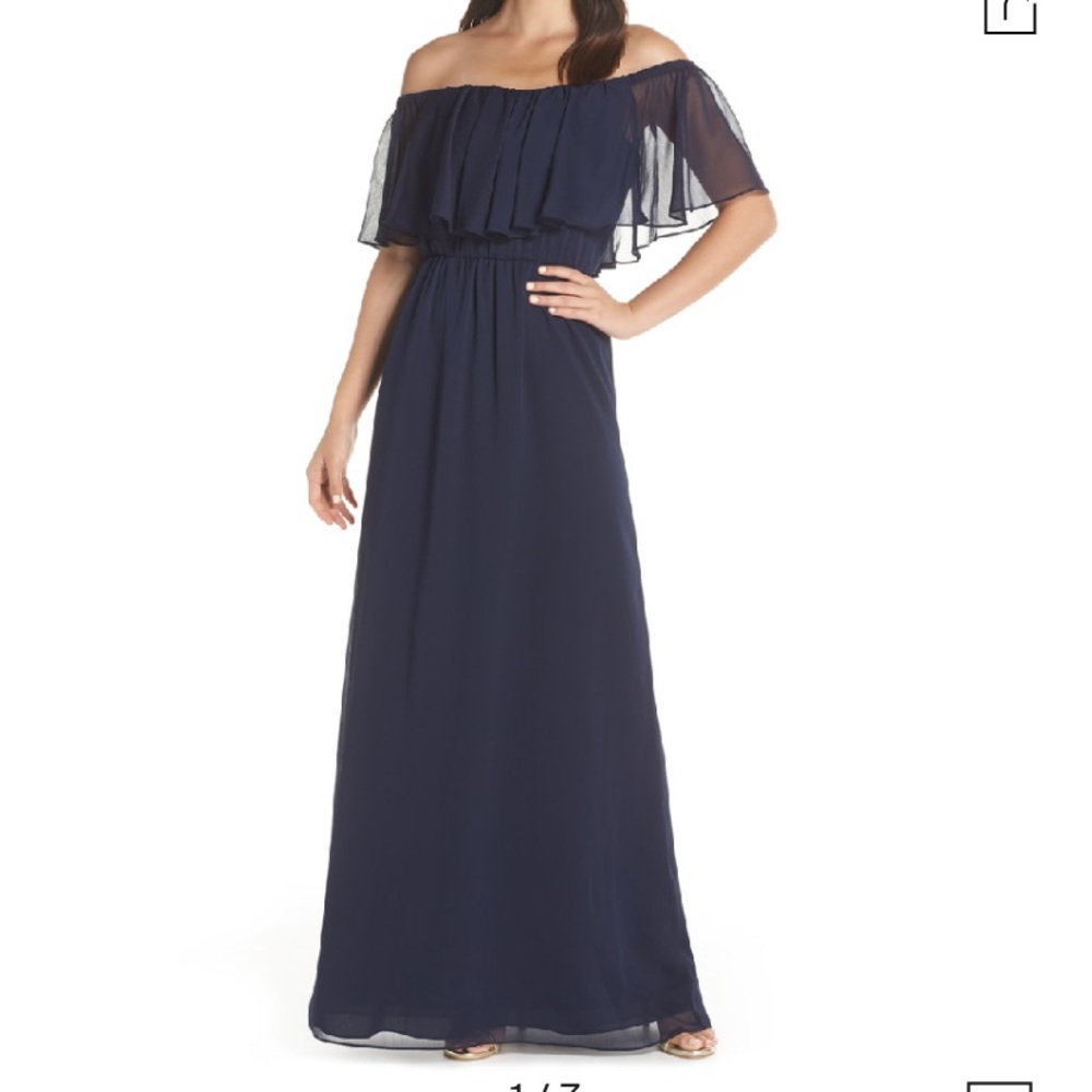 NEW Wayf Off The Shoulder Ruffle Popover Navy Gown